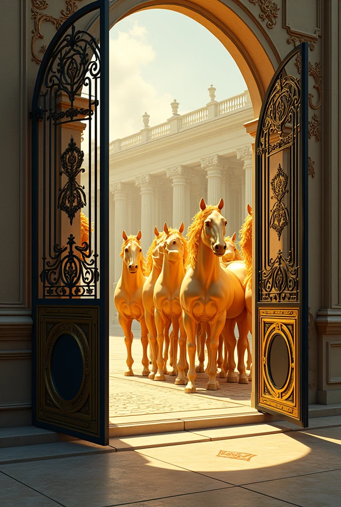 Artistic open gates with 7 horses symbol with Gold color
skets