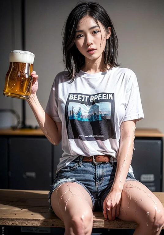 A boldly composed photograph of a Japanese woman that looks like it was taken by a famous artistic photographer, (((Blockbuster art photography)), (8k, Highest quality). A stunning composition using a model with excellent proportions. Perfect beauty model with a confident and balanced appearance, ((Highest quality質)), ((masterpiece)), (Familiar:1.4), ((Highest quality質のリアルな写真)), ((Shot with Hasselblad)), ((Best photo quality)), Beautiful womanの画像,Super Resolution,Slim and perfectly proportioned, Beautiful woman, ((Highest quality質, 8k, masterpiece: 1.3)), Beautiful woman, 1 female, Slim figure: 1.1, Perfect beauty, 20-year-old, (Realistic: 1.4), Ahegao, Shining Sweat, thin, Art photo composition with space around the woman, See through, (((Filming in a spacious studio))), (((The background is only gray and there is nothing.))), Full body photo, Anatomically correct hand, Anatomically correct legs, anatomically correct whole body, Marble room,　White t-shirt and shorts. Cowboy Shot, (((Holding your crotch with your hand))). Spread your legs, drinking beer, Nipples are protruding,, (((Your T-shirt is wet with beer))),