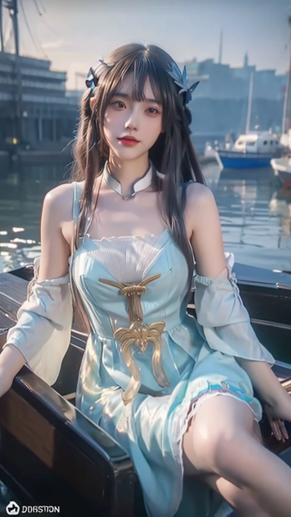 a woman in a dress sitting on a boat in the water, artwork in the style of guweiz, realistic anime 3 d style, photorealistic anime, beautiful anime girl, trending on cgstation, beautiful anime portrait, beautiful anime woman, beautiful digital artwork, guweiz, realistic artstyle, attractive anime girl, anime style. 8k, beautiful anime style