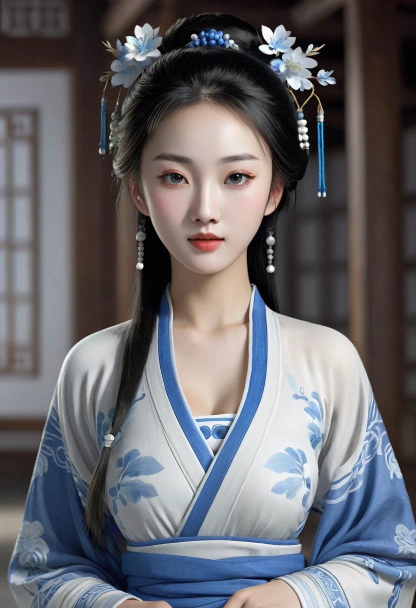 Create a virtual image,A beautiful, dark-gray, blue-white village girl from ancient China during the Tang Dynasty took off all her clothes.