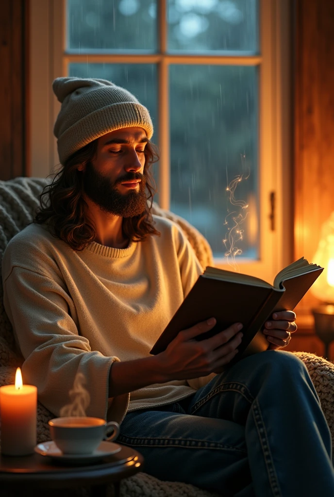 Jesus Christ reading a book on a sofa by the window. Jesus is wearing an off-white knit top, jeans and a knit hat on his head. It's raining outside the window. He is reading the Bible surrounded by gold light. Jesus of Nazareth is depicted as a gentle, gentle man with shoulder-length hair. His wavy brown hair cascades over his shoulders. His face conveys deep wisdom and empathy, radiating warmth and understanding. A room with a fireplace. A hot, steaming teacup with black tea is on the side table. A warm room. Highly detailed, trending at the art station, sharp focus, studio shot, intricate detail, Greg Rutkowski,