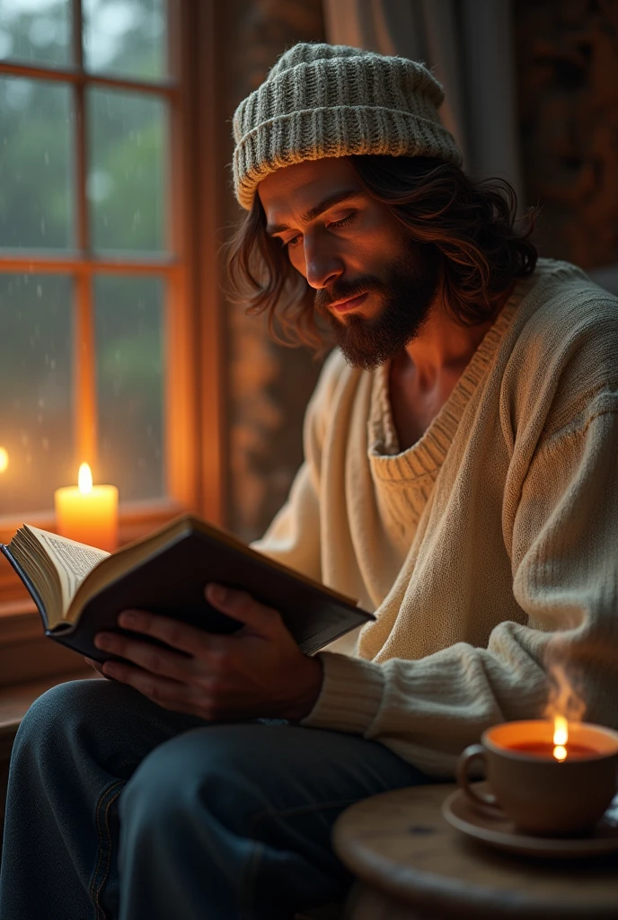 Jesus Christ reading a book on a sofa by the window. Jesus is wearing an off-white knit top, jeans and a knit hat on his head. It's raining outside the window. He is reading the Bible surrounded by gold light. Jesus of Nazareth is depicted as a gentle, gentle man with shoulder-length hair. His wavy brown hair cascades over his shoulders. His face conveys deep wisdom and empathy, radiating warmth and understanding. A room with a fireplace. A hot, steaming teacup with black tea is on the side table. A warm room. Highly detailed, trending at the art station, sharp focus, studio shot, intricate detail, Greg Rutkowski,