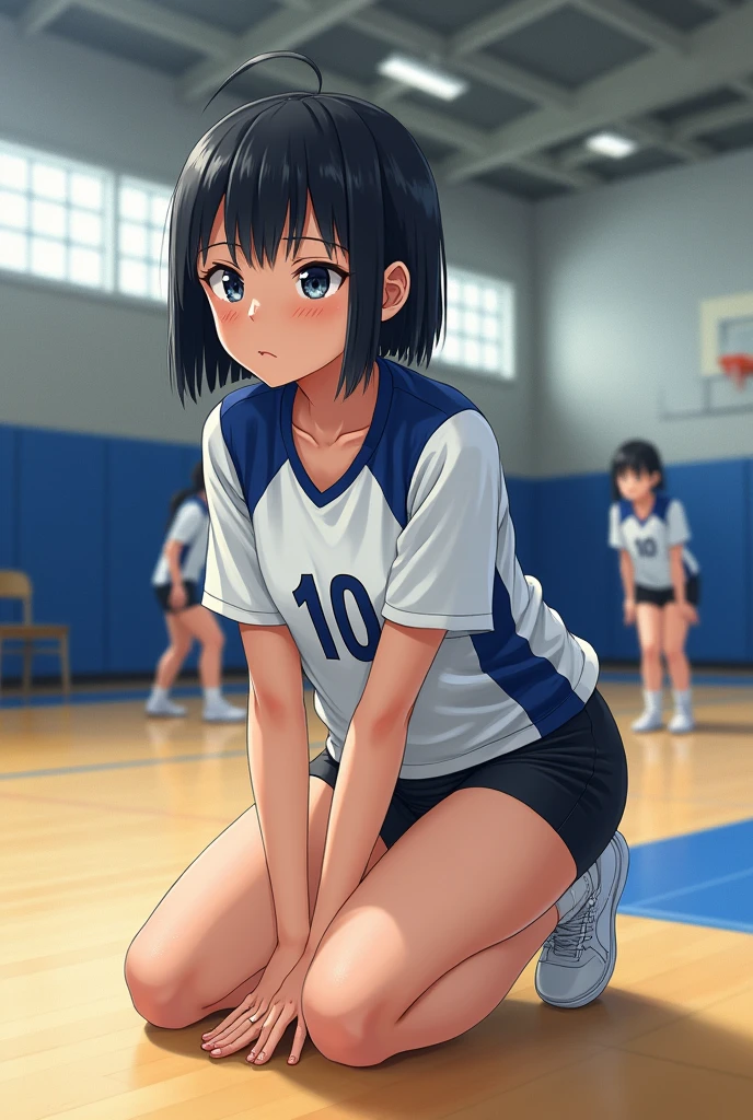 Japanese short black hair high school girl painting style。
oil。
Volleyball club practicing in the gym。
The uniform is white and blue on top、Black spats underneath。
The number on his front is 10. It looks like a photograph.。
Don&#39;t make it cartoonish。
The thighs are in front so that they can be seen from the head.、A worried face kneeling on the floor with a tight
