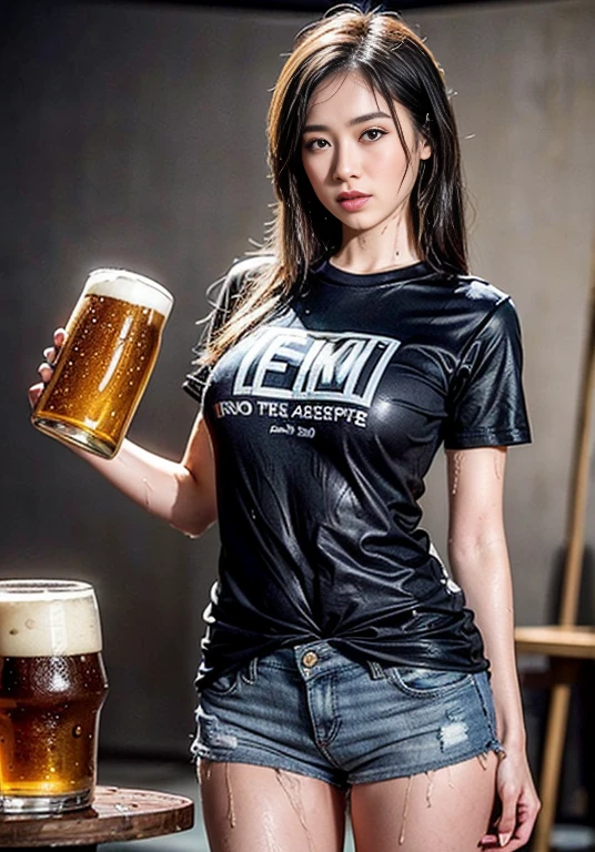 A boldly composed photograph of a Japanese woman that looks like it was taken by a famous artistic photographer, (((Blockbuster art photography)), (8k, Highest quality). A stunning composition using a model with excellent proportions. Perfect beauty model with a confident and balanced appearance, ((Highest quality質)), ((masterpiece)), (Familiar:1.4), ((Highest quality質のリアルな写真)), ((Shot with Hasselblad)), ((Best photo quality)), Beautiful womanの画像,Super Resolution,Slim and perfectly proportioned, Beautiful woman, ((Highest quality質, 8k, masterpiece: 1.3)), Beautiful woman, 1 female, Slim figure: 1.1, Perfect beauty, 20-year-old, (Realistic: 1.4), Ahegao, Shining Sweat, thin, Art photo composition with space around the woman, See through, (((Filming in a spacious studio))), (((The background is only gray and there is nothing.))), Full body photo, Anatomically correct hand, Anatomically correct legs, anatomically correct whole body, Marble room, White t-shirt and shorts. Cowboy Shot, (((Holding your crotch with your hand))). Spread your legs, drinking beer, Nipples are protruding,, (((Your T-shirt is wet with beer))),