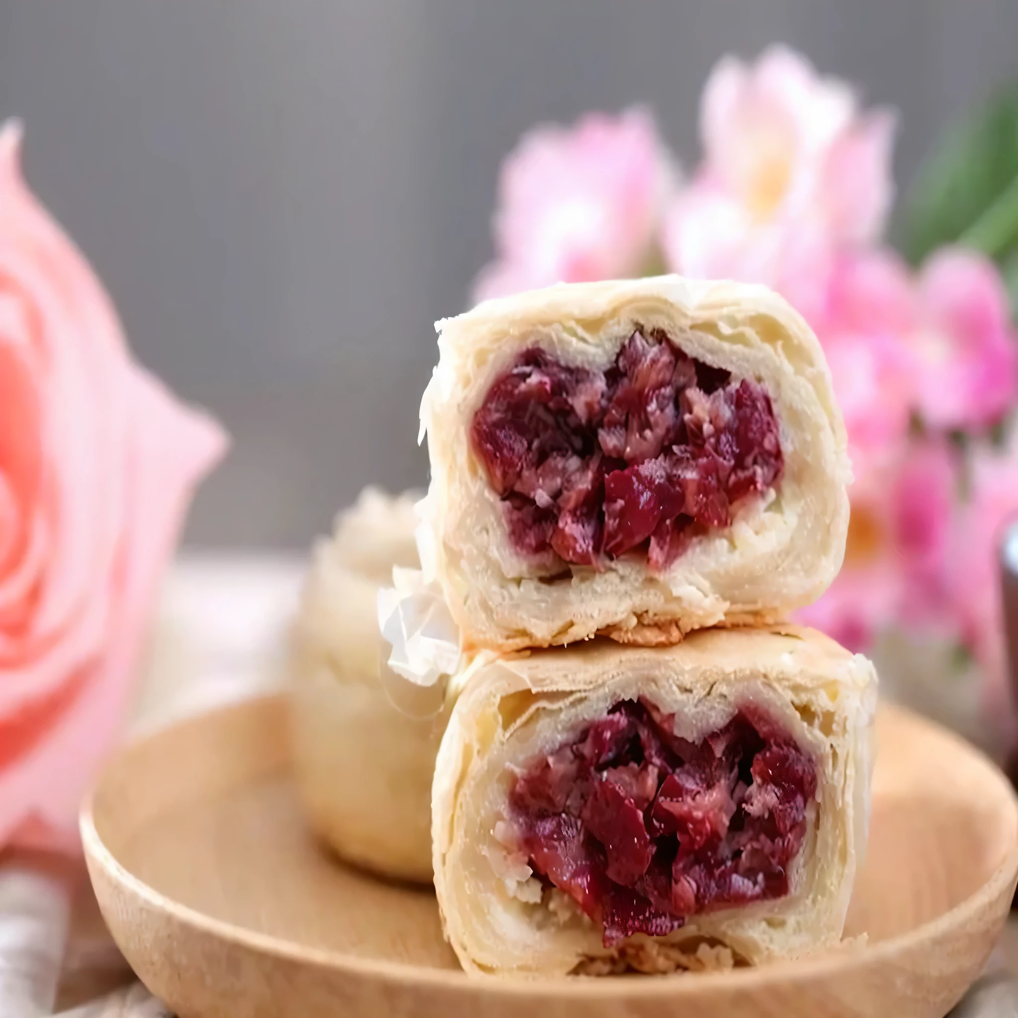 There are two pieces of pastry on the plate.，In the background is a flower, 好eat, qiangshu, sichuan, Delicious sesame pie, Red clay, 480p, 4 8 0 points, Chiba Yudai, convenient, Sweet sesame, pastry, delicious, 5 d, 5D, eat, 