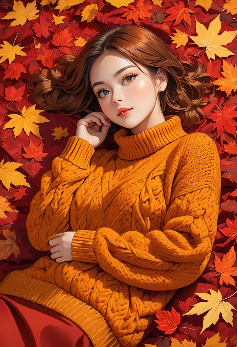 The image shows a person wearing a mustard red knitted sweater lying on a bed of autumn leaves. The leaves in the background are a mix of red , red and red tones, suggesting the fall season.