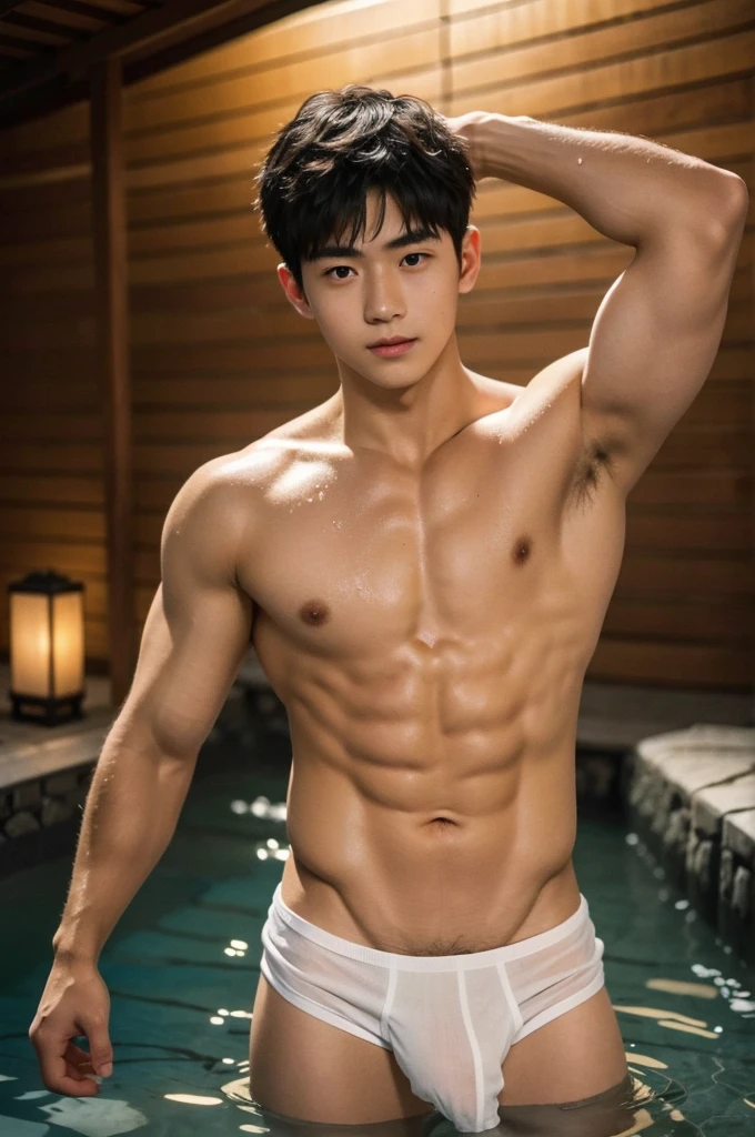 ager, Slim fit body, teeny, Shota, very cute boy face, 15 yearsby face, young kids, Very young teenager boy, Amazinpanese Onsen scenery, Outdoors, he wore a small transparent towel covering half of his big dick, Sweat dripping all over the body, sweat covering all over the body, bathing in japanese outdoors Onsen, Full body photo, wearing Very tiny towel, Proudly showing off his sweaty very hairy armpits to audience in japanese Onsen, completely naked just wearing thin Tiny white towel, 15 years old boy, very ynematic soft lighting illuminates a stunningly detailed and ultra-realistic handsome korean male supermodel, ultra messy curly hair, clear honey eyes, captivating perfect smile, sensual, hot man, insanely handsome, showing off his sweaty body, very sixpack muscular body build, slender, toned, full body, 8k, photography, masterpiece, detailed face, detailed eyes, sexy, beautiful abdomen and beautiful legs and a detailed big hard bulge, expression of ecstasy, excited, slim, detailed eyes and lips, sixpack and fit body. Image quality is of the highest standard, with ultra-detailed features and a realistic appearance. The colors are bright and vibrant, enhancing the overall aesthetic. The lighting is soft and natural, casting a soft glow on the boy, don't merge body's
