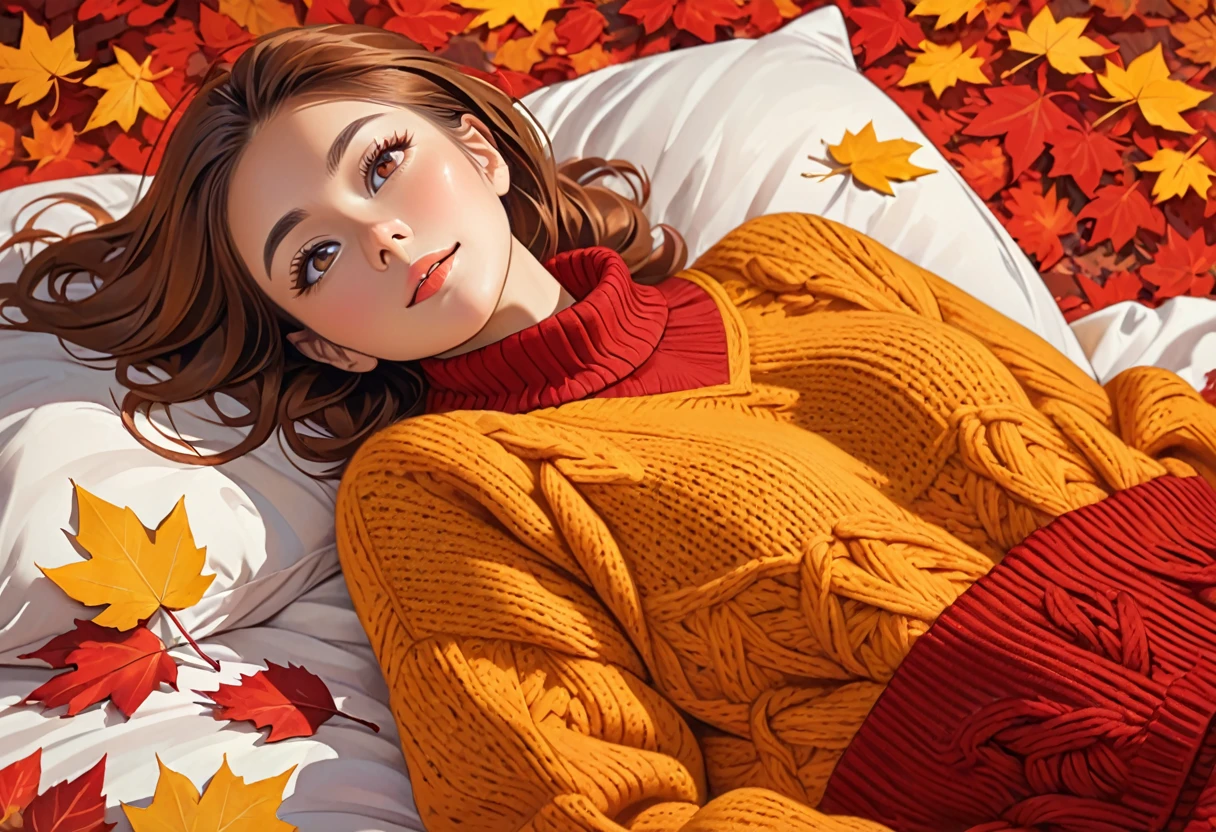 The image shows a person wearing a mustard red knitted sweater lying on a bed of autumn leaves. The leaves in the background are a mix of red , red and red tones, suggesting the fall season.