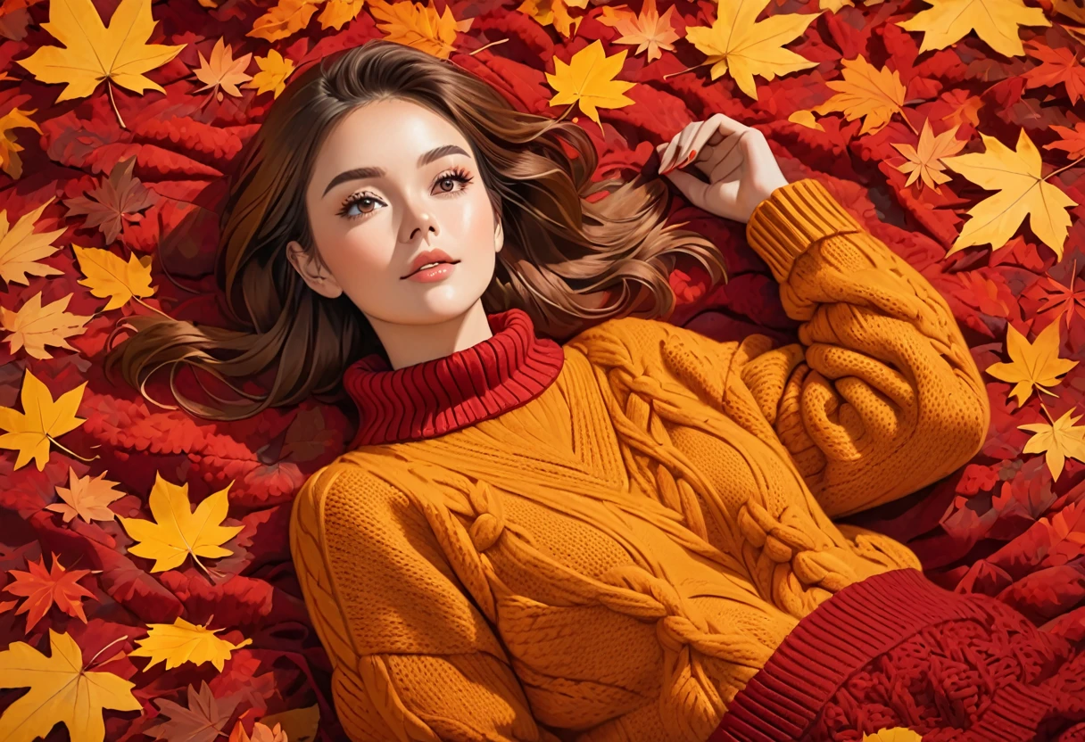 The image shows a person wearing a mustard red knitted sweater lying on a bed of autumn leaves. The leaves in the background are a mix of red , red and red tones, suggesting the fall season.