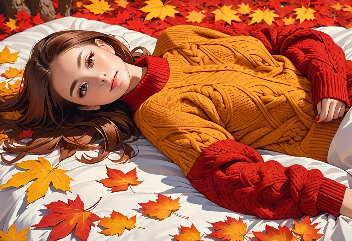 The image shows a person wearing a mustard red knitted sweater lying on a bed of autumn leaves. The leaves in the background are a mix of red , red and red tones, suggesting the fall season.