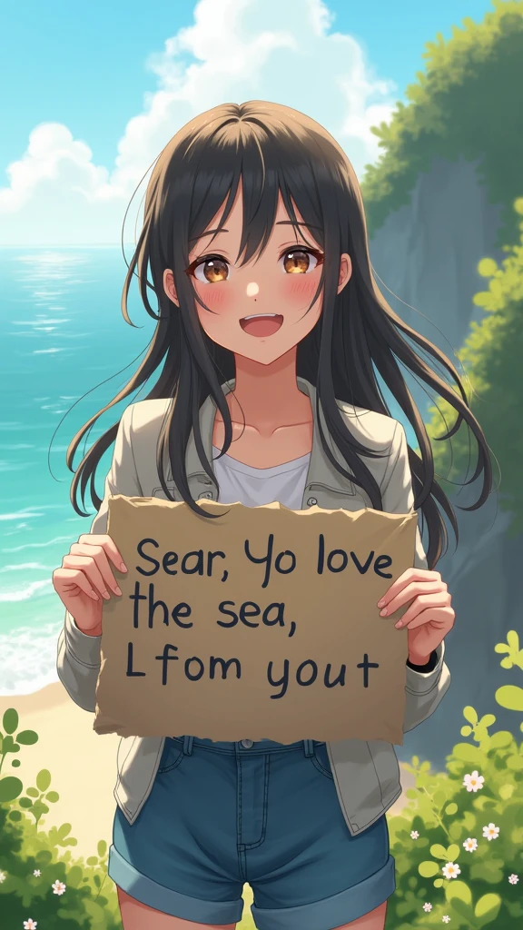 A beautiful and lovely girl holding a sign "i love the sea", hapiness, hapiness的, Anime Illustrations, Reality, painting