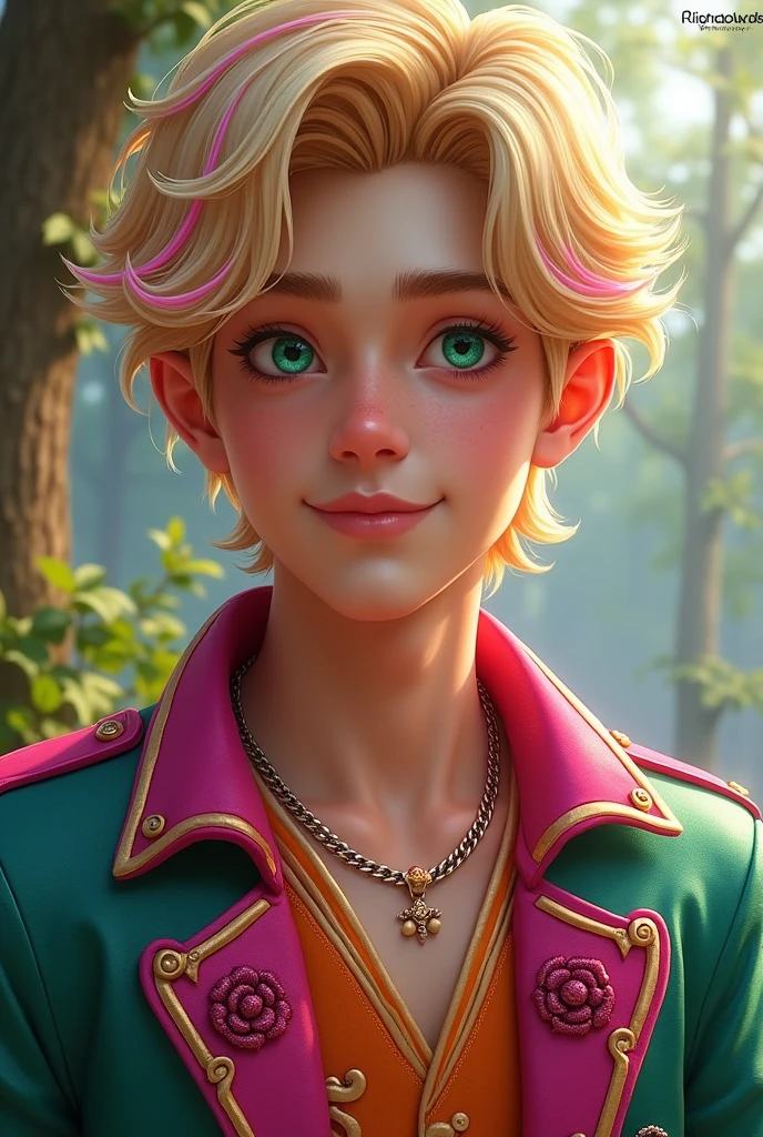 Imagem do filho da Briar Beauty e da Ashlynn Ella de Ever After High: A boy, a sexy teenager with golden hair with some pink highlights, light brown skin with freckles, greeneyes, dark pink outfit with aqua green and pumpkin and rose elements on the outfit