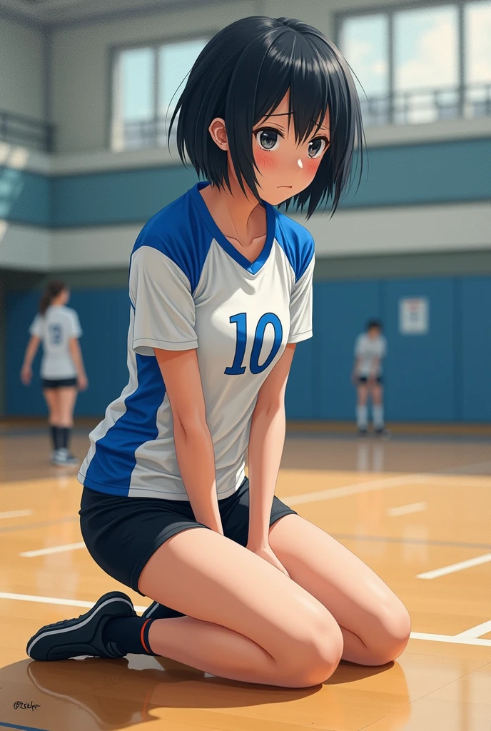 Japanese short black hair high school girl painting style。
oil。
Volleyball club practicing in the gym。
The uniform is white and blue on top、Black spats underneath。
The number on his front is 10. It looks like a photograph.。
Don&#39;t make it cartoonish。
The thighs are in front so that they can be seen from the head.、A worried face kneeling on the floor with a tight
