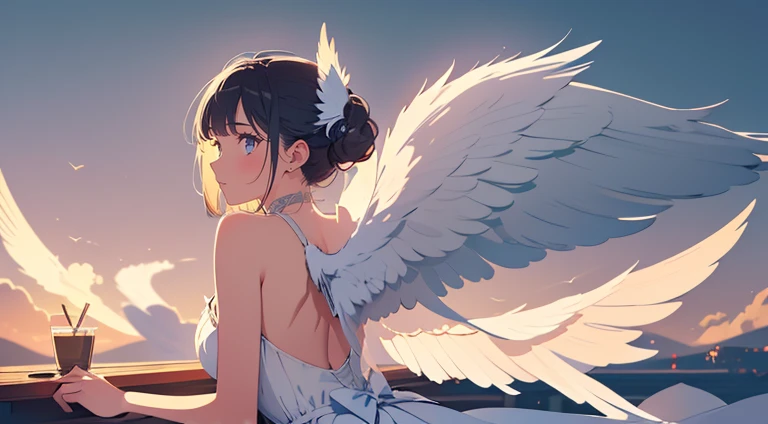 (masterpiece), (Highest quality), (Very detailed), (Best illustrations), (Best Shadow), (Absurd), woman, Age 25, vapor,  Angel,Wings on the back