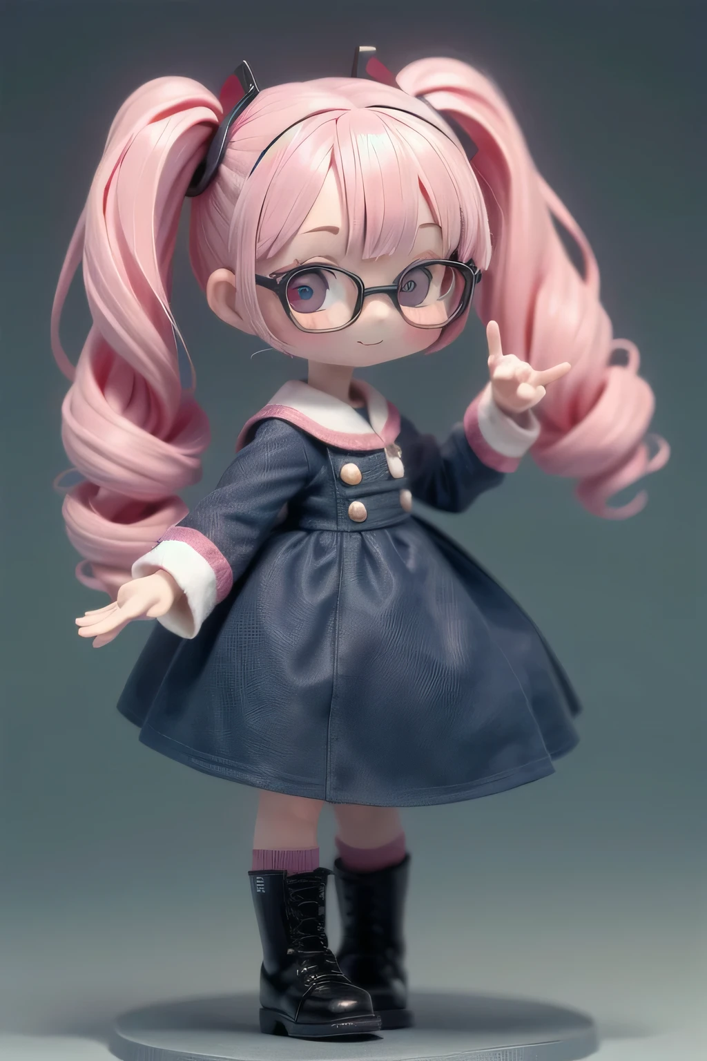 Realistic、Chibi Girl Doll、Nendoroid、(whole body、smile)Twin tails、Her hair color is pink.、Large round glasses、In the future city、uniform、A simple A-type dress and boots、The dress has a decoration like musical notation、Pose like a conductor、((Increase hand size))