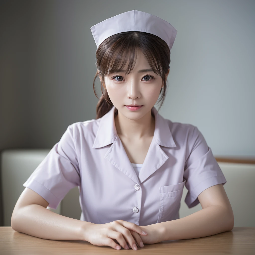 (Highest quality、Tabletop、8k、Best image quality、Award-winning works)、1 nurse、(alone:1.2)、(The perfect and most natural nurse&#39;pure white lab coat:1.1)、(The perfect and most natural plain white nurse cap:1.1)、The most natural and perfectly appointed hospital room、A perfectly organized hospital room、The most natural and practical hospital room、Blurred Background、Big Breasts、Accentuate your body lines、(Standing Elegantly:1.1)、(Beautiful nurse advertising image:1.2)、(Face close-up:1.1)、The biggest smile looks at me、Accurate anatomy、(Beautiful skin shining in the sunset:1.1)、(Vivid and romantic sunset:1.3)、(A fantastic and romantic sunset:1.2)、(Spectacular Cinema Lighting:1.1)、(Romantic night in the hospital room:1.1)、Ultra-high definition glossy skin、Ultra-high definition sparkling eyes、Ultra HD beautiful hair、Ultra-high definition beautiful teeth