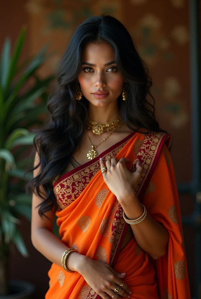 Attractive, beautiful, average, medium height with a bit of curves, Larger breast than average (woman),Dark eyes and hair, tinted skin-tone, exotic. Round face, expressive and well defined eyes. She has small forehead, Indian Bengali girl full body image, in saree