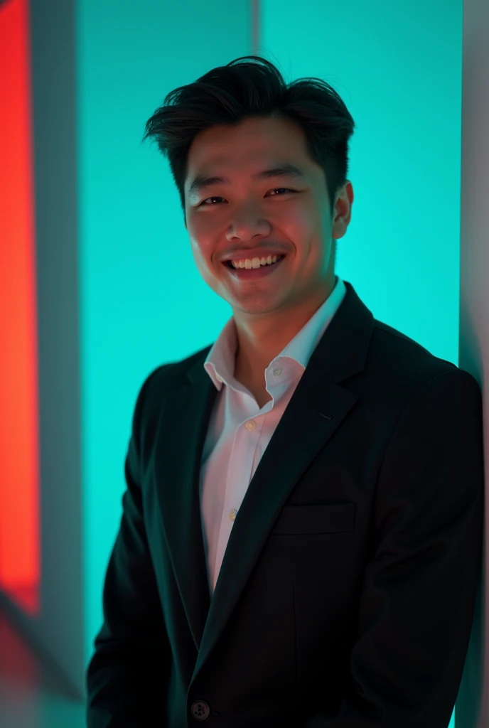 A young man with dark hair and a confident smile. He is dressed in a black blazer over a white shirt. The man is positioned against aqua colour backdrop with a subtle red lighting on the left side. ৭,৮৯০ and he posing for LinkedIn profile