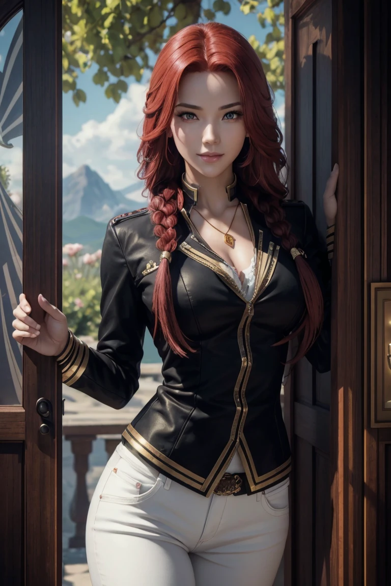 I want to be a powerful figure behind the scenes！,Iris Midgar,Red hair,long hair,Outside flip,with a single braid on one side only,Red eyes,Red Eyes,Beautiful white skin,Black and gold jacket,Black shirt,White long pants,Sapphire necklace,Photorealistic,Ultra HD,high quality,masterpiece,Digital SLR,Detailed details,Intricate details,Anatomical basis,Depicted in detail,A detailed face,Realistic skin texture,Vivid details,Perfect Anatomy,Perfect Anatomy,Anatomically correct hand,Anatomically correct fingers,Super Detail,Complex 3D rendering,The worldview of a fantasy with sexy poses,In the great outdoors,Petals of roses dance,Picturesque,Pink Lips,smile,