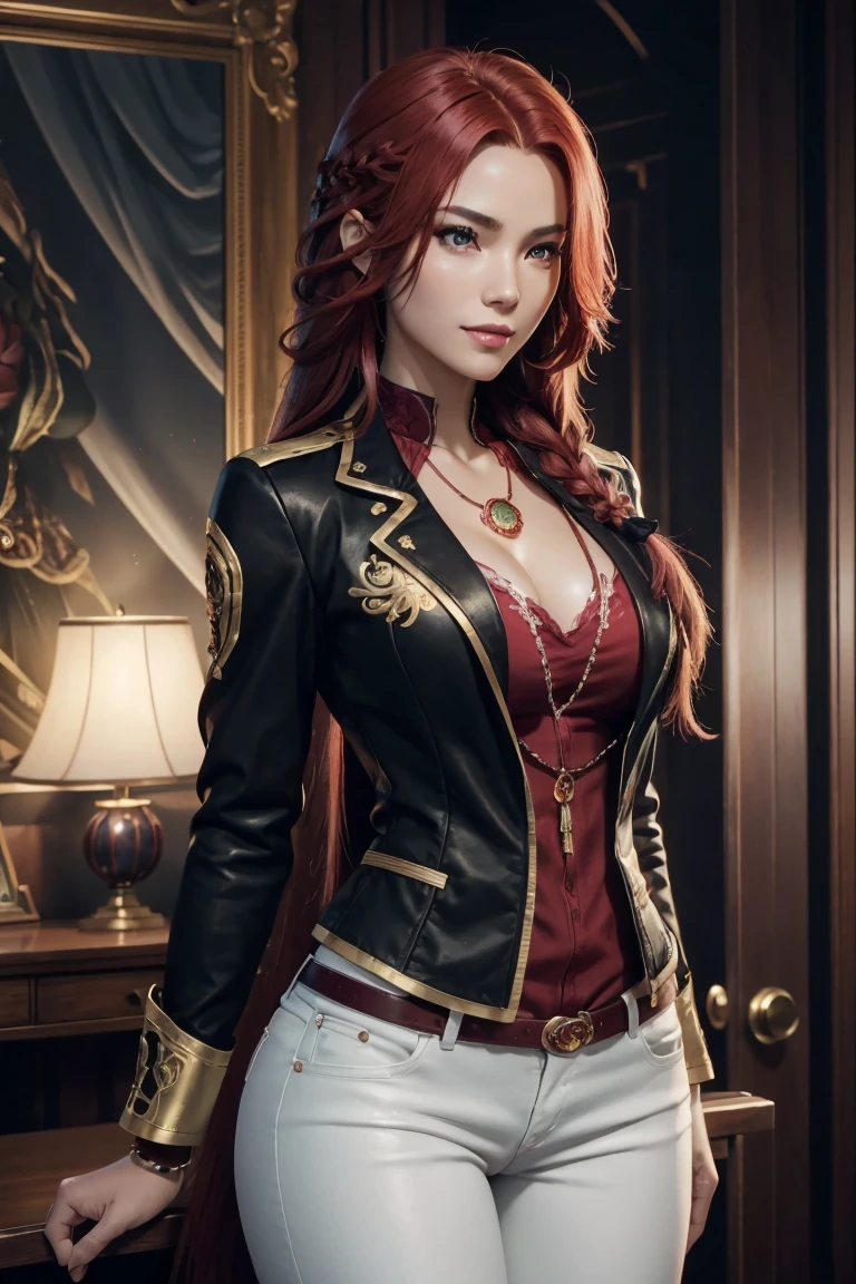 I want to be a powerful figure behind the scenes!,Iris Midgar,Red hair,long hair,Outside flip,with a single braid on one side only,Red eyes,Red Eyes,Beautiful white skin,Black and gold jacket,Black shirt,White long pants,Sapphire necklace,Photorealistic,Ultra HD,high quality,masterpiece,Digital SLR,Detailed details,Intricate details,Anatomical basis,Depicted in detail,A detailed face,Realistic skin texture,Vivid details,Perfect Anatomy,Perfect Anatomy,Anatomically correct hand,Anatomically correct fingers,Super Detail,Complex 3D rendering,The worldview of a fantasy with sexy poses,In the great outdoors,Petals of roses dance,Picturesque,Pink Lips,smile,