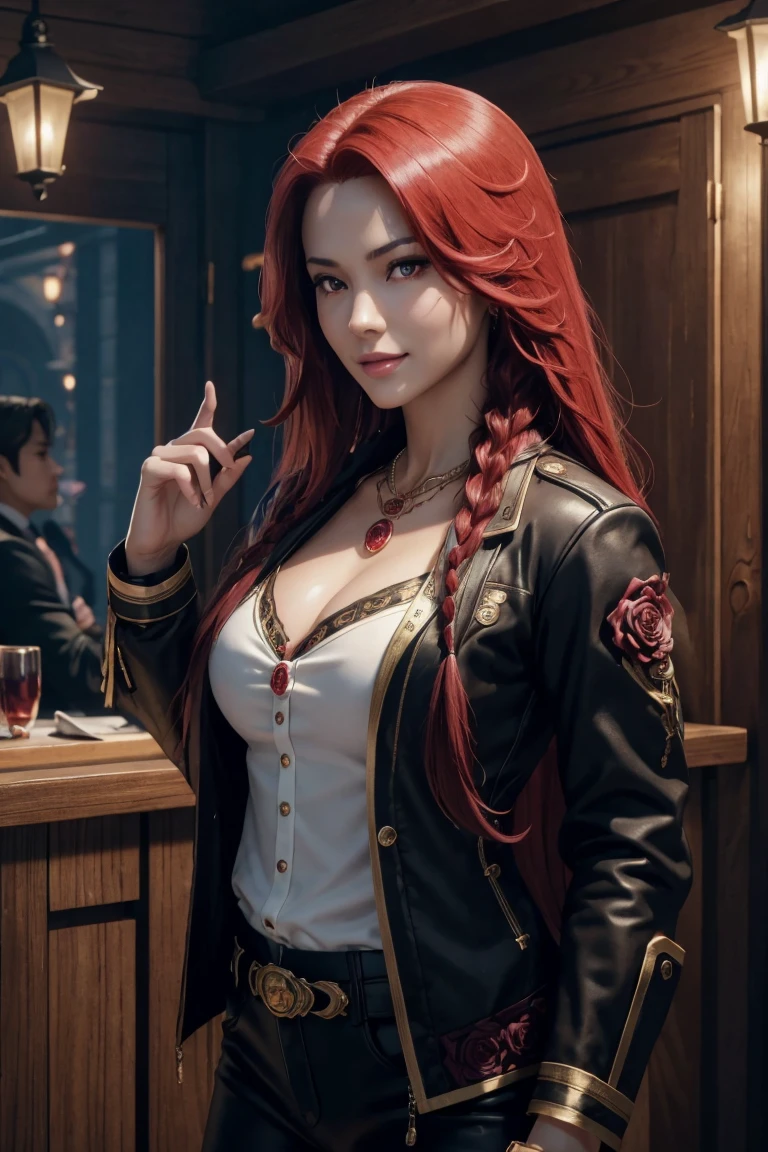 I want to be a powerful figure behind the scenes!,Iris Midgar,Red hair,long hair,Outside flip,with a single braid on one side only,Red eyes,Red Eyes,Beautiful white skin,Black and gold jacket,Black shirt,White long pants,Sapphire necklace,Photorealistic,Ultra HD,high quality,masterpiece,Digital SLR,Detailed details,Intricate details,Anatomical basis,Depicted in detail,A detailed face,Realistic skin texture,Vivid details,Perfect Anatomy,Perfect Anatomy,Anatomically correct hand,Anatomically correct fingers,Super Detail,Complex 3D rendering,The worldview of a fantasy with sexy poses,In the great outdoors,Petals of roses dance,Picturesque,Pink Lips,smile,