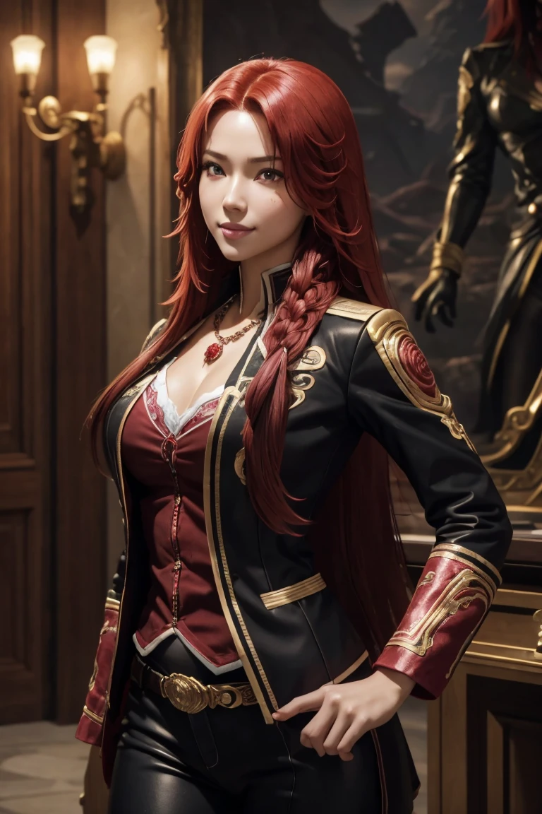 I want to be a powerful figure behind the scenes!,Iris Midgar,Red hair,long hair,Outside flip,with a single braid on one side only,Red eyes,Red Eyes,Beautiful white skin,Black and gold jacket,Black shirt,White long pants,Sapphire necklace,Photorealistic,Ultra HD,high quality,masterpiece,Digital SLR,Detailed details,Intricate details,Anatomical basis,Depicted in detail,A detailed face,Realistic skin texture,Vivid details,Perfect Anatomy,Perfect Anatomy,Anatomically correct hand,Anatomically correct fingers,Super Detail,Complex 3D rendering,The worldview of a fantasy with sexy poses,In the great outdoors,Petals of roses dance,Picturesque,Pink Lips,smile,