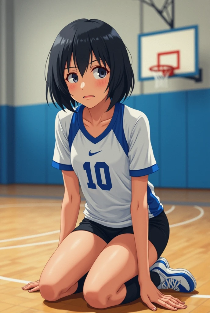 Japanese short black hair high school girl painting style。
oil。
Volleyball club practicing in the gym。
The uniform is white and blue on top、Black spats underneath。
The number on his front is 10. It looks like a photograph.。
The thighs are in front so that they can be seen artistically from the head.、A worried face kneeling on the floor with a tight