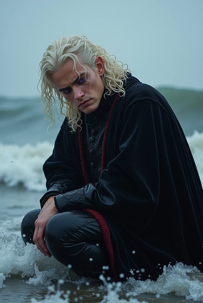 A handsome 23 years old Aesthetic Targaryen Prince with long curly platinum blonde hair, he's wearing a wet royal black velvet prince costume with maroon details, he's crying by sitting on ocean waves,He's wet fully,,tears flowing from eyes, purple eyes, he's looking down