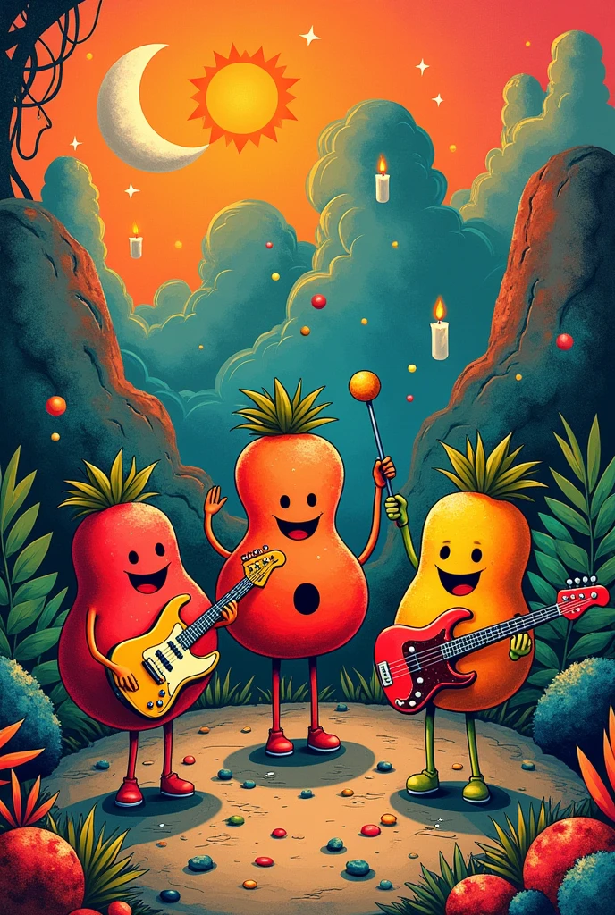 
There are three fruit cartoon characters playing music, Abstract Art，music poster, 🪔 🎨;🌞🌄, Poster,rock &#39;n&#39; roll, 80s style poster, Propaganda Art, Ink art brawlstars