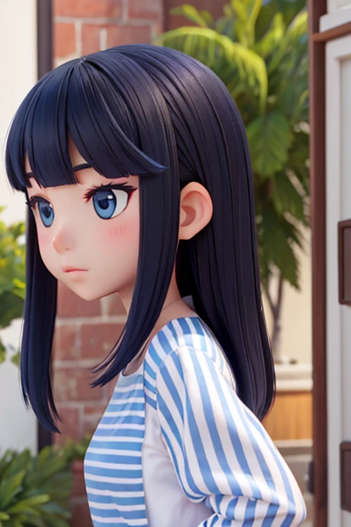 The left half is navy blue、The right half has vertical navy and white stripes、