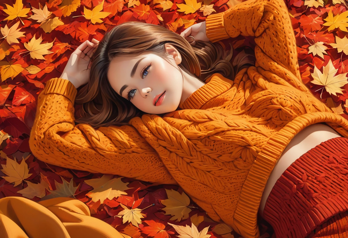 The image shows a person wearing a mustard red knitted sweater lying on a bed of autumn leaves. The leaves in the background are a mix of orange, red and red tones, suggesting the fall season.