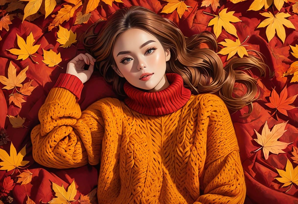 The image shows a person wearing a mustard red knitted sweater lying on a bed of autumn leaves. The leaves in the background are a mix of orange, red and red tones, suggesting the fall season.