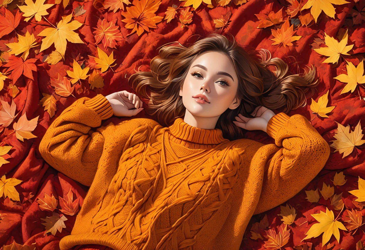 The image shows a person wearing a mustard red knitted sweater lying on a bed of autumn leaves. The leaves in the background are a mix of orange, red and red tones, suggesting the fall season.