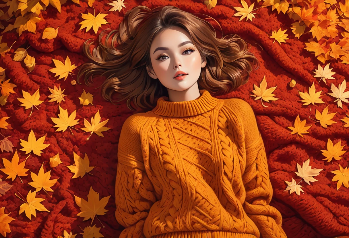 The image shows a person wearing a mustard red knitted sweater lying on a bed of autumn leaves. The leaves in the background are a mix of orange, red and red tones, suggesting the fall season.