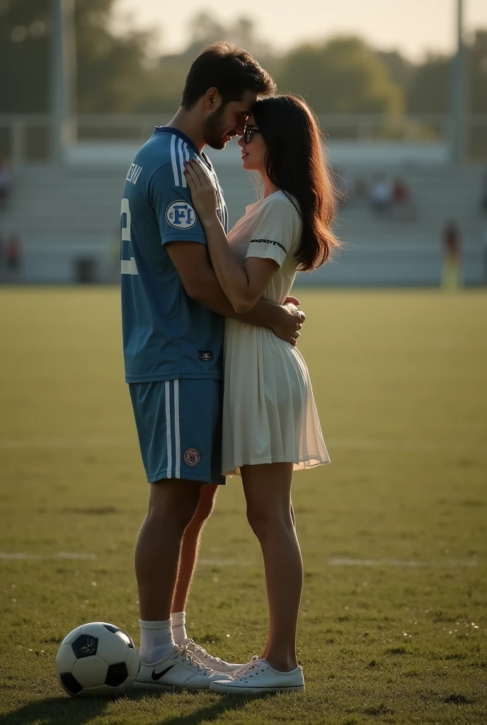 A man and woman standing in football ground. resting forehead on eachother. man is wearing 32 number jersey. Woman is wearing a dress and glasses.she has black . A soccer ball is near man s feet and his foot resting on soccer ball . Make angle that man and woman not showing their faces. man is 1 feet taller than woman