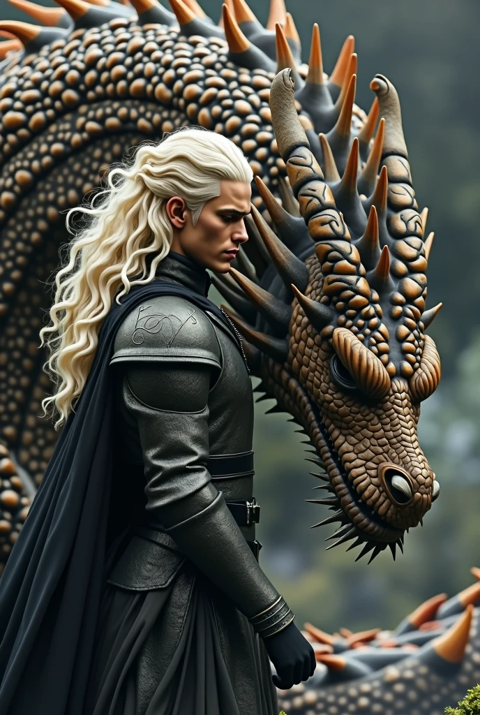 intricate highly detailed portrait of a handsome aesthetic targaryen prince, long curly platinum blonde hair, sitting upon a large brown dread targaryen dragon, hyperrealistic, octane render, cinematic lighting, dramatic lighting, award winning digital art, delicate intricate details, ornate fantasy, intricate fantasy art, concept art, matte painting, digital painting, atmospheric, ethereal, mystical, magical realism