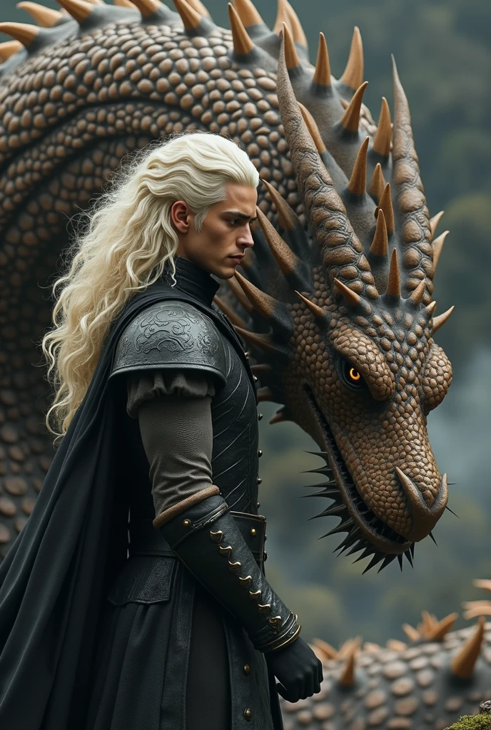 (masterpiece, 8K, UHD, high resolution: 1.4), imposing portrait of Aegon Targaryen, (tall, broad-shouldered, powerful in appearance: 1.3), (piercing purple eyes, short silver and gold hair: 1.3), (wearing a shirt of black scales for battle: 1.2), (wielding the Valyrian steel sword, Blackfyre: 1. 3), (Valyrian steel crown with large square-cut rubies: 1.2), (mounted on his imposing dragon during a battle: 1.3), (landscape of a battlefield in the background: 1.1), (authoritative and charismatic atmosphere: 1.3), realistic and intricate details, (elements of fantasy and history: 1.2), (heroic and enigmatic perspective: 1.3)
Translated with DeepL.com (free version)