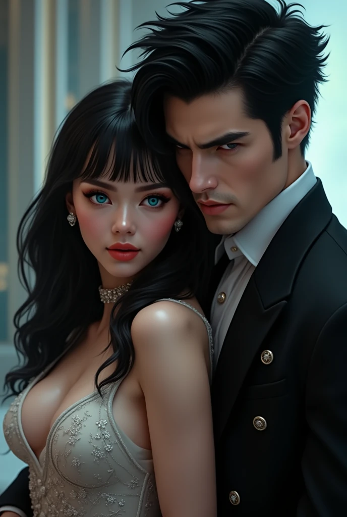 Generate an image of a girl with sparkling, glamourous and beautiful blue eyes and long beautiful black hair with bangs on her forehead exactly the same as Videl, also having big busty breasts and being stunningly beautiful, wearing a very classy, glamourous and fancy dress. Also generate the image of an extremely handsome and cold hearted boy having spiky black hair exactly the same as Gohan, standing behind the girl and holding her possessively by wrapping both of his arms tightly around her flat stomach. Also make the boy's eyes angrily and silently glaring, looking straight forward.