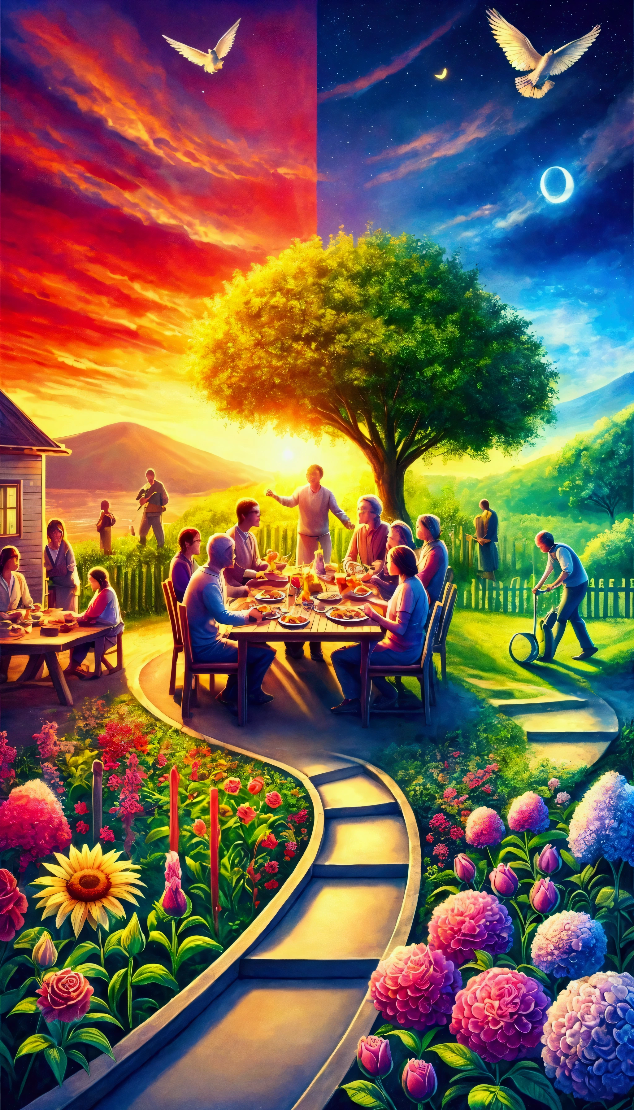 A vivid scene depicting happiness, with several key elements harmoniously combined. In the foreground, a family is gathered around a table outdoors, sharing a meal under the soft light of a setting sun, symbolizing contentment and fulfillment. Their faces are lit with smiles, capturing the joy and positive emotions of the moment. Surrounding them, lush greenery and blooming flowers signify peace and the beauty of nature, enhancing the tranquil atmosphere. In the background, a person is seen achieving a goal, such as planting a tree or painting, representing self-fulfillment and personal growth. The scene is balanced, with a gentle blend of social interaction, nature, and individual achievement, embodying the essence of living in the moment and enjoying life's simple pleasures.