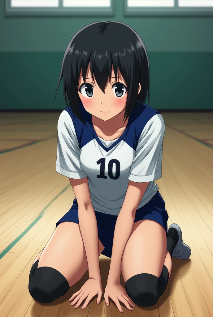 Japanese short black hair high school girl painting style。
oil。
Volleyball club practicing in the gym。
The uniform is white and blue on top、Black spats underneath。
The number on his front is 10. It looks like a photograph.。
The face is more three-dimensional, and the thighs are visible from the head.、A worried face kneeling on the floor with a tight
