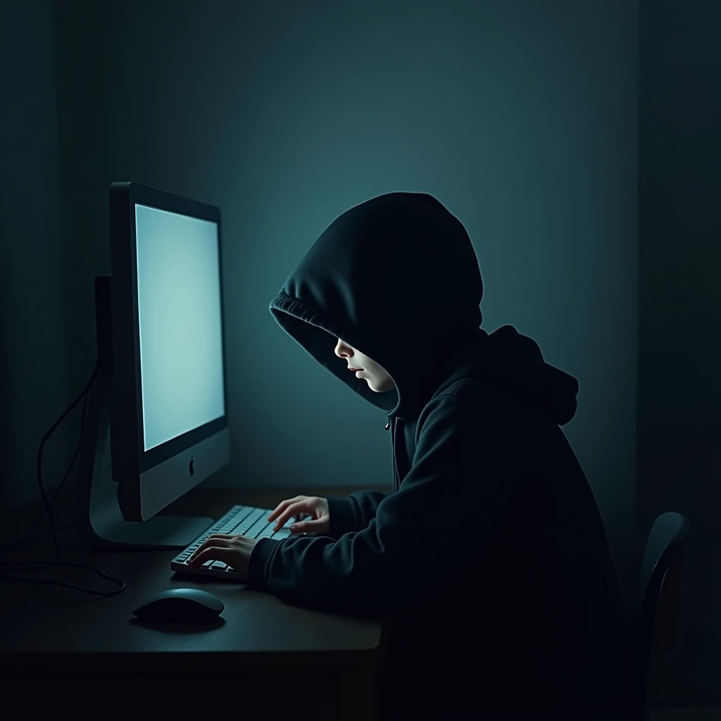 A young hooded boy without face, sit in front of computer, sit in light dark room.