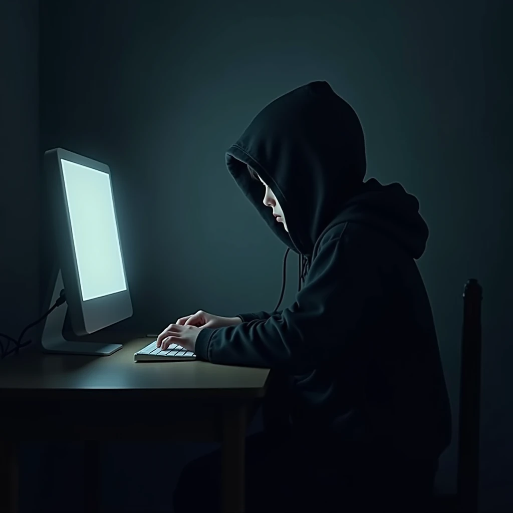 A young hooded boy without face, sit in front of computer, sit in light dark room. 