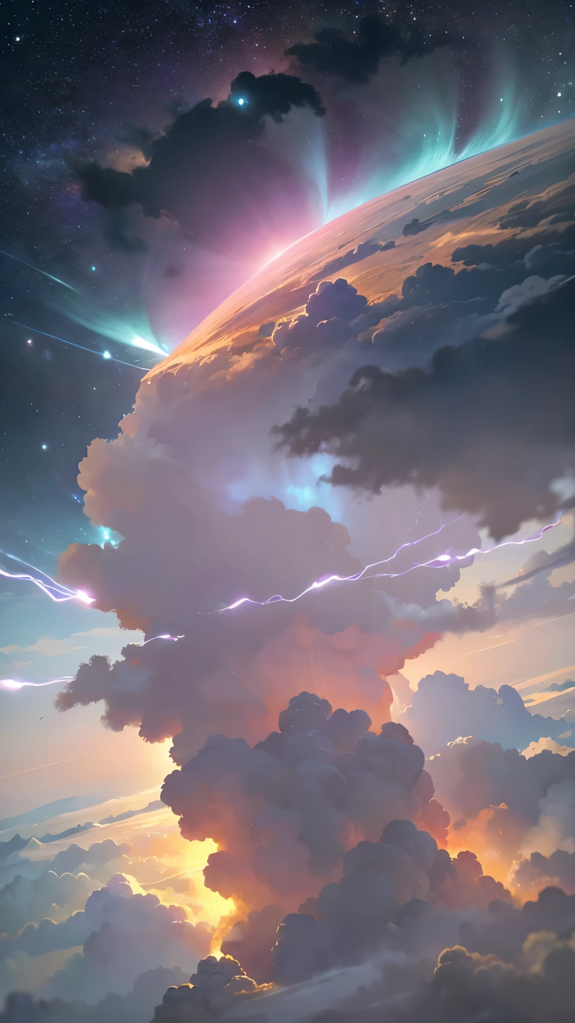 A mesmerizing and fantastical tornado swirling in the middle of a vast, open landscape. The tornado is composed of ethereal, glowing particles in shades of soft blues, purples, and pinks, giving it a magical and otherworldly appearance. The base of the tornado is surrounded by a gentle, misty fog that diffuses the light, creating a surreal glow. The sky above is filled with swirling clouds that mirror the colors of the tornado, adding to the dreamlike atmosphere. Lightning bolts, delicate and bright, occasionally flash within the tornado, illuminating the intricate patterns of the swirling particles. The overall scene is one of awe-inspiring beauty, combining the raw power of a tornado with the enchanting allure of a fantasy world.