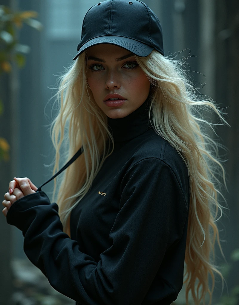 beautiful ninja woman in a black baseball cap on her head, long blond hair, detailed face, beautiful eyes and lips, detailed clothes, dynamic pose, dark fantasy, cinematic lighting, dramatic shadows, gloomy colors, digital painting, bright colors, 8k, hyperrealism, detailed description, masterpiece