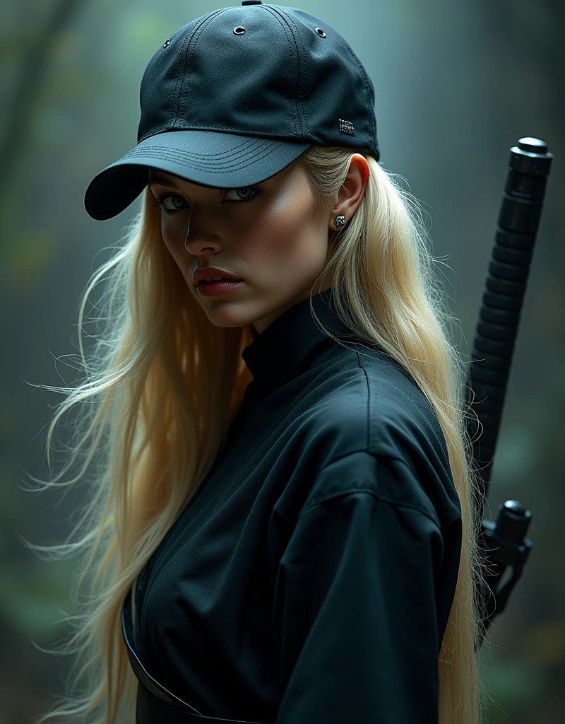 beautiful ninja woman in a black baseball cap on her head, long blond hair, detailed face, beautiful eyes and lips, detailed clothes, dynamic pose, dark fantasy, cinematic lighting, dramatic shadows, gloomy colors, digital painting, bright colors, 8k, hyperrealism, detailed description, masterpiece