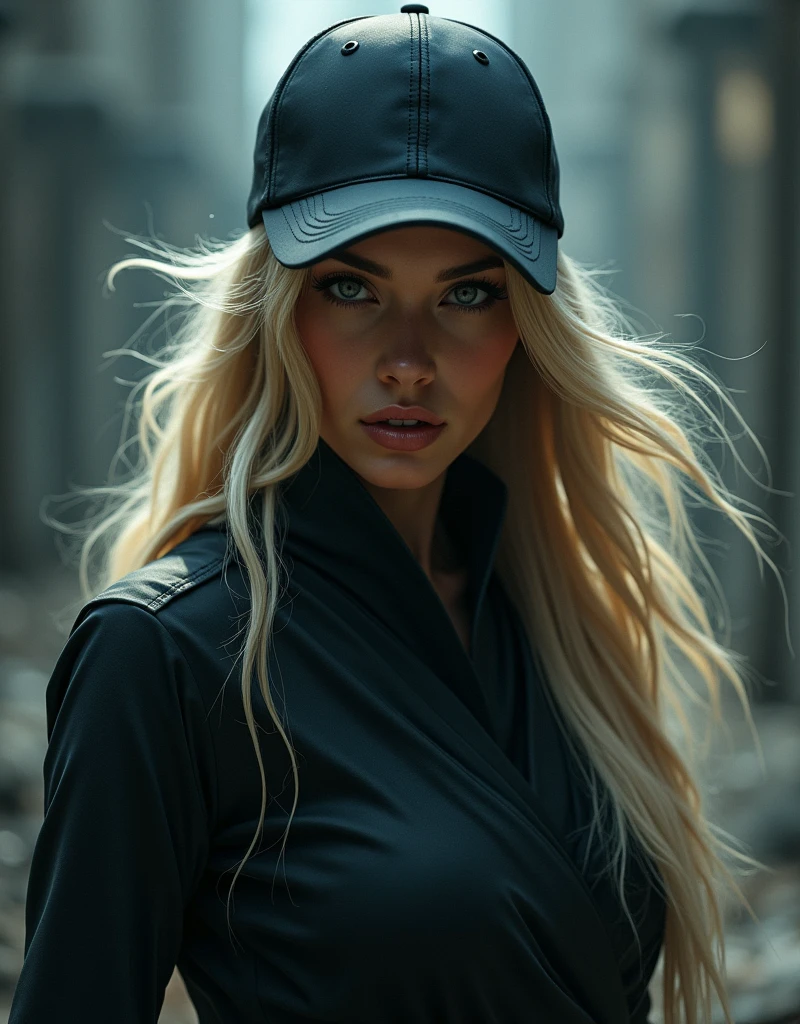 beautiful ninja woman in a black baseball cap on her head, long blond hair, detailed face, beautiful eyes and lips, detailed clothes, dynamic pose, dark fantasy, cinematic lighting, dramatic shadows, gloomy colors, digital painting, bright colors, 8k, hyperrealism, detailed description, masterpiece