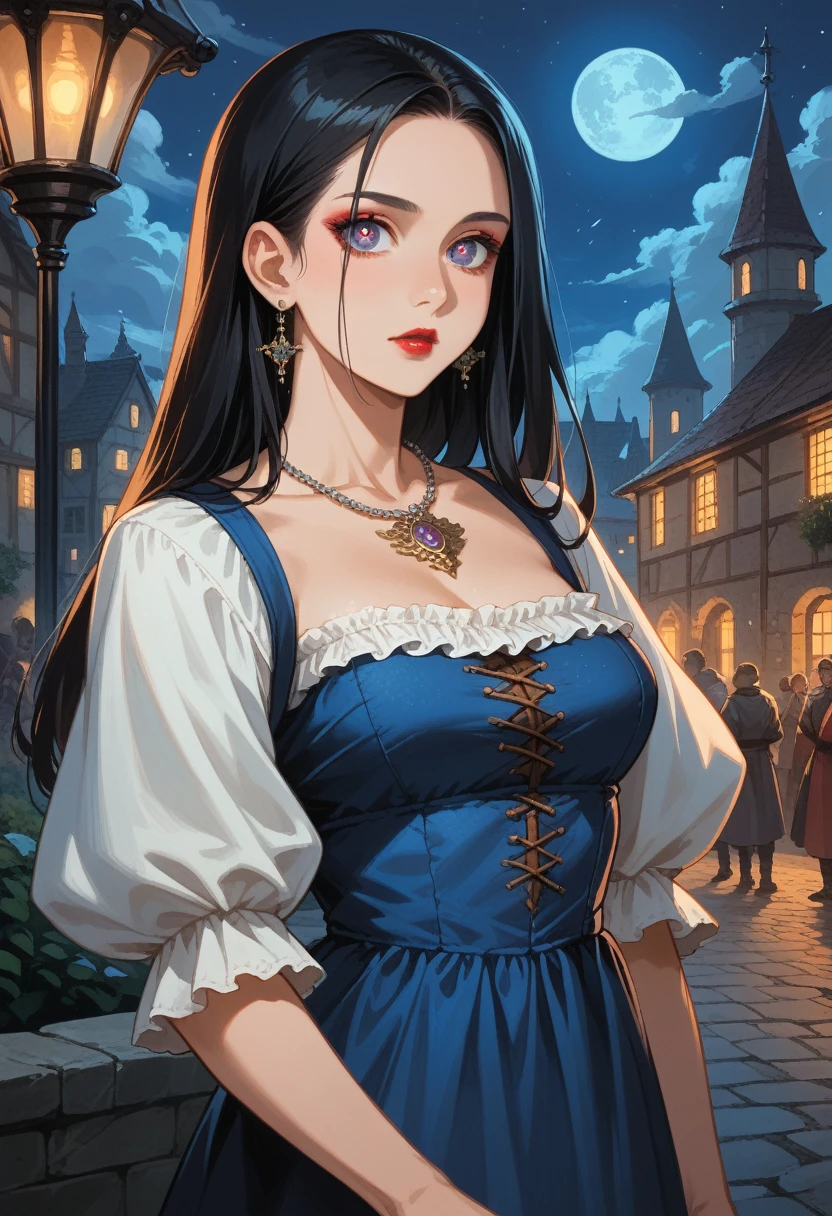 Anime, High-resolution illustrations, unrivaled masterpiece, ultra-realistic 8k CG, perfect artwork, (fidelity: 1.5), ((night)), cloudy, gorgeous girl, fair skin, (solo), long silky black hair, fringes on the forehead, sparkling violet eyes, huge, (well-proportioned curves), makeup, Medium breasts:1.2, (Compressed chest:1.3), bust bulging, ((wearing a fantasy dress with medieval design)), necklace, character in the middle, standing, near palace, lipstick
