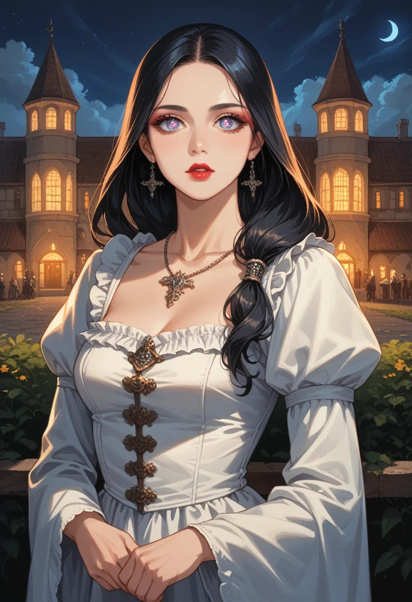 Anime, High-resolution illustrations, unrivaled masterpiece, ultra-realistic 8k CG, perfect artwork, (fidelity: 1.5), ((night)), cloudy, gorgeous girl, fair skin, (solo), long silky black hair, bangs, fringes on the forehead, sparkling violet eyes, huge, (well-proportioned curves), makeup, Medium breasts:1.2, (Compressed chest:1.3), bust bulging, ((wearing a fantasy dress with medieval design)), necklace, character in the middle, standing, near palace, lipstick