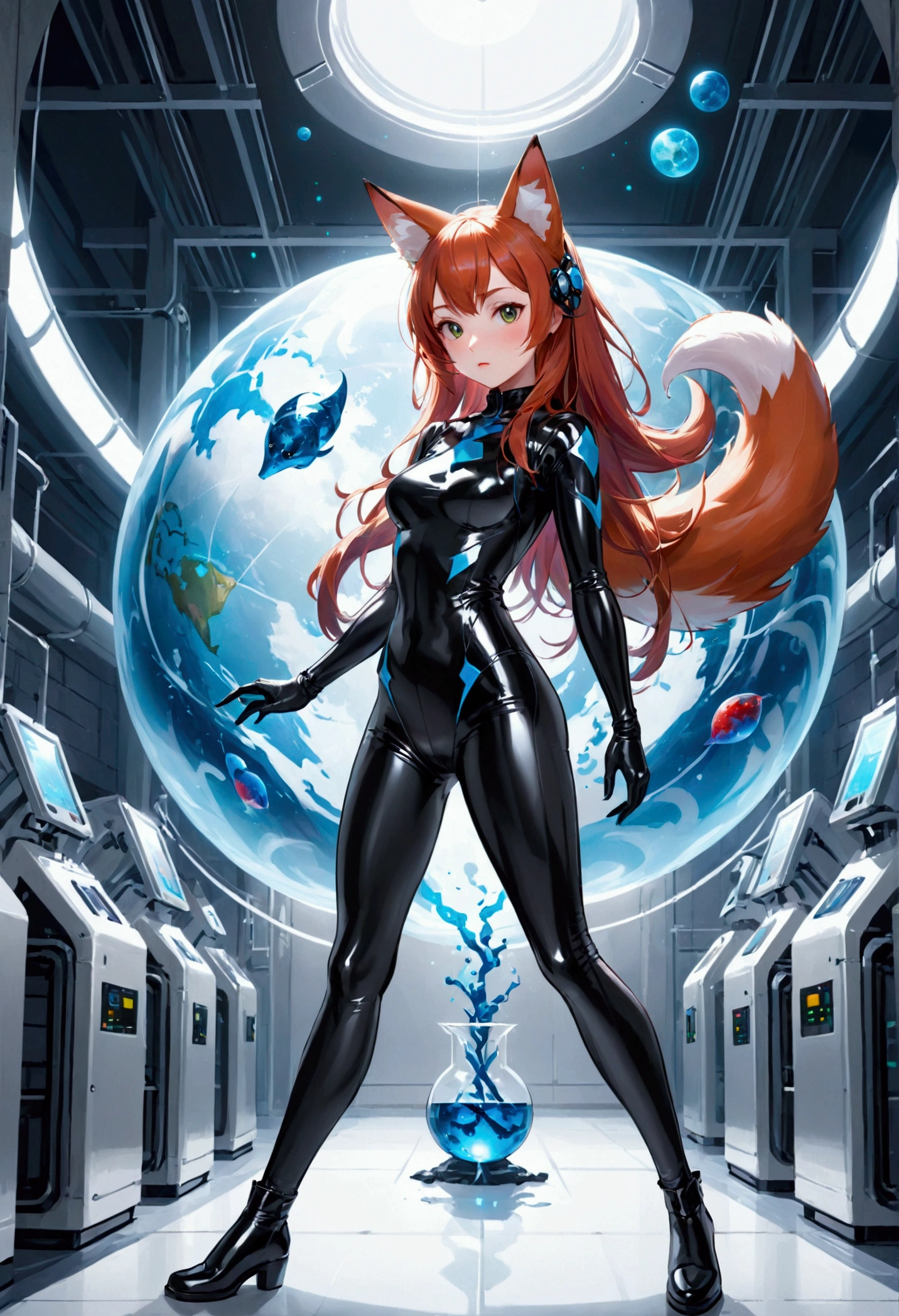 Scientist foxgirl in latex leggings
