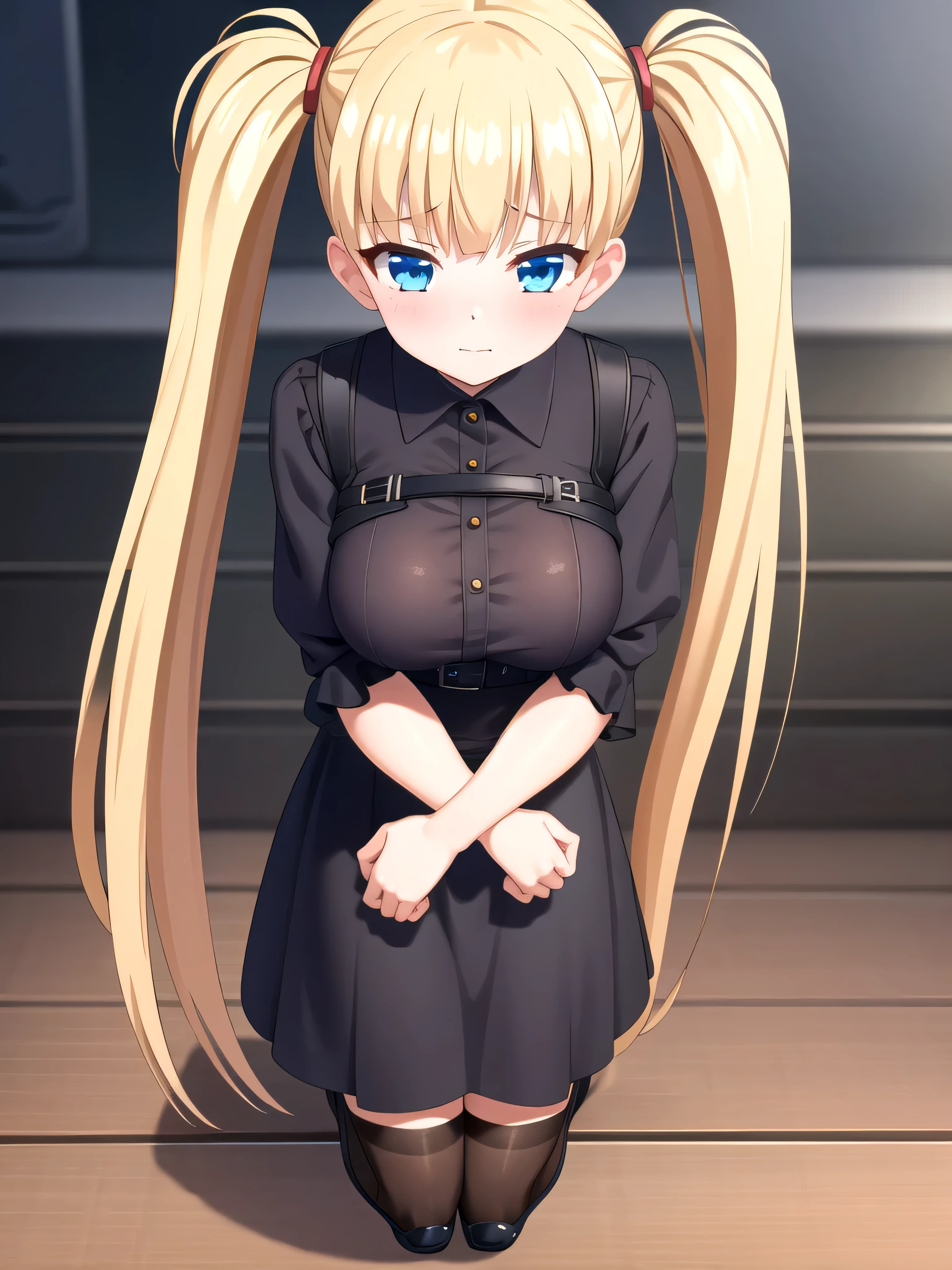 (masterpiece, Best Quality:1.2), absurdities, perfect anatomy, owtech, stylized, 1 girl, full body, looking at the viewer, blunt bangs, (black gothic dress, black lips, blush,), Focus only, Soft lighting, (blue eyes), blonde hair, very long hair, twintails, Airi Akizuki, big breast,